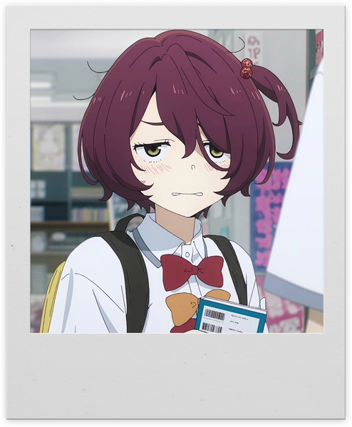 A girl with short red hair and a tuft on the side pulled back in a single side pigtail. She stares in a mix of disgust, embarrassment, and discomfort.