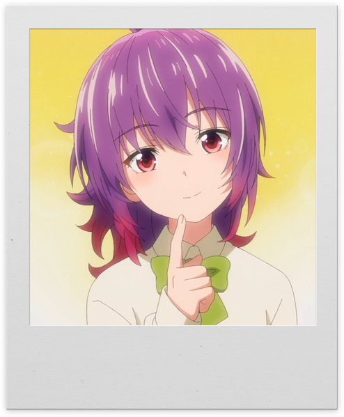 Kurage Aoba An anime girl with purple hair that is pulled back in a ponytail. Her hair has pink tips at the bottom in a gradient. She has a sweet but slightly mischievous smile as she puts one finger up below her lip and cocks her head.