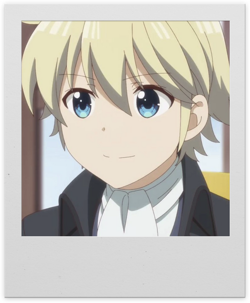 Farma de Medicis An anime boy with blond hair and blue eyes smiling confidently in a black and white Victorian suit and coat.