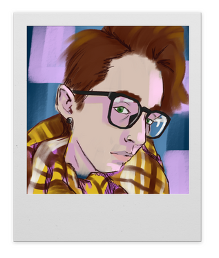 A digital painting. A person with short red hair with thick, dark-rimmed glasses side eyes the viewer with a forlorn expression.